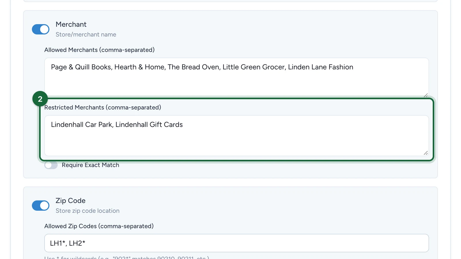 Restricted Merchants with Lindenhall Car Park and Lindenhall Gift Cards, highlighted