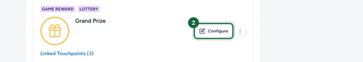 Rewards tab showing the Grand Prize lottery reward card with its Configure button highlighted.