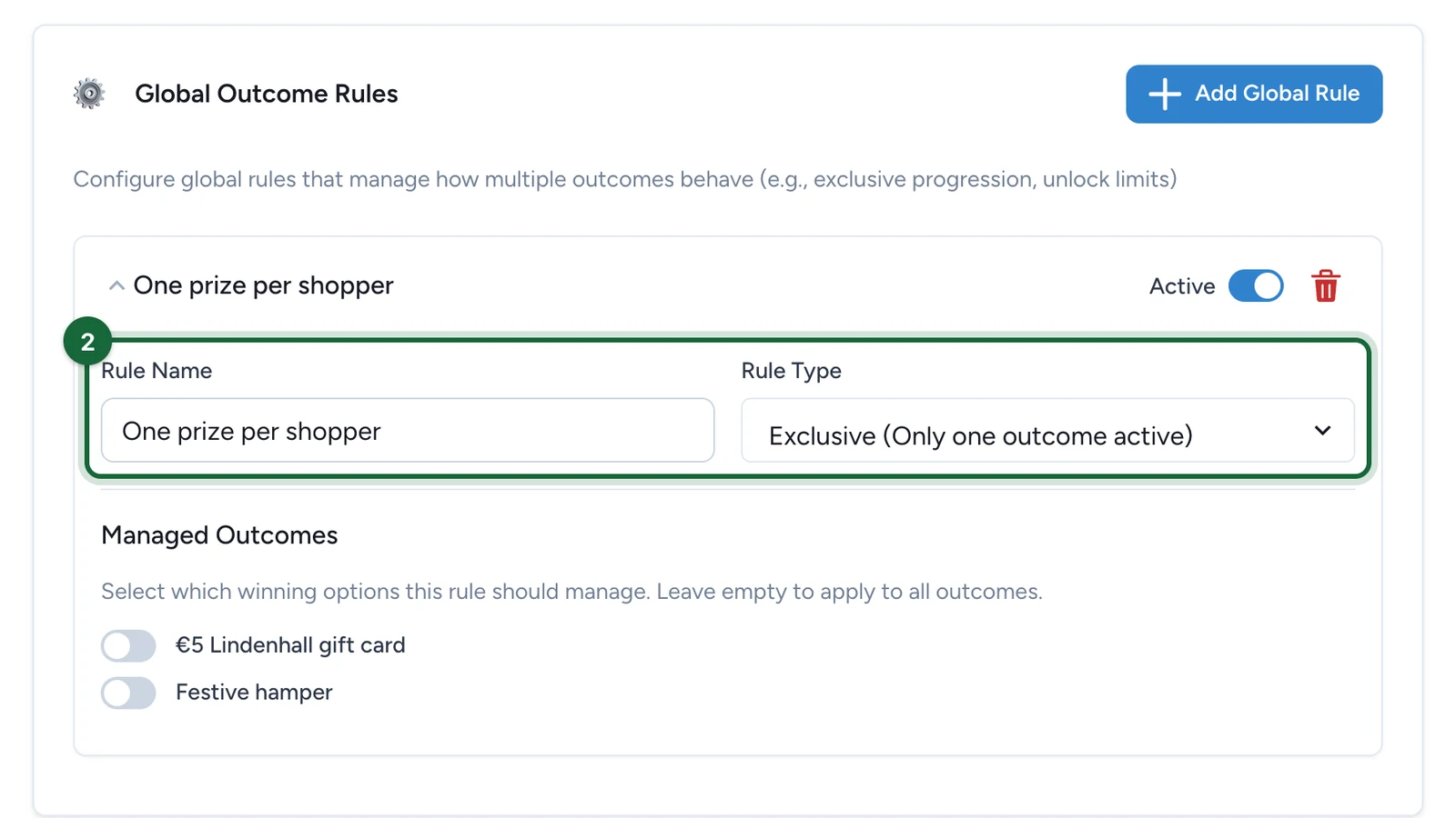 Rule Name One prize per shopper and Rule Type Exclusive, highlighted