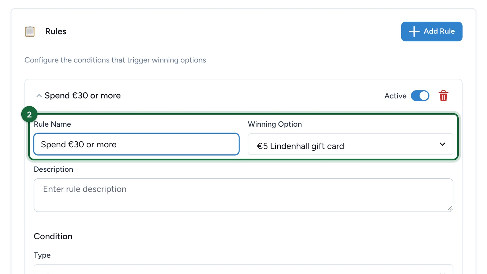Rule Name Spend €30 or more and Winning Option €5 Lindenhall gift card, highlighted