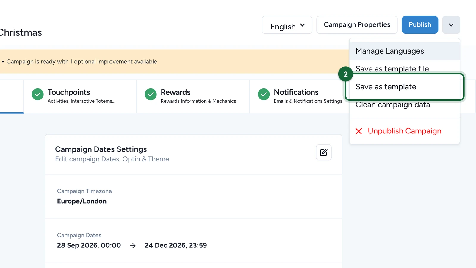 Menu under the arrow next to Publish, with Save as template highlighted