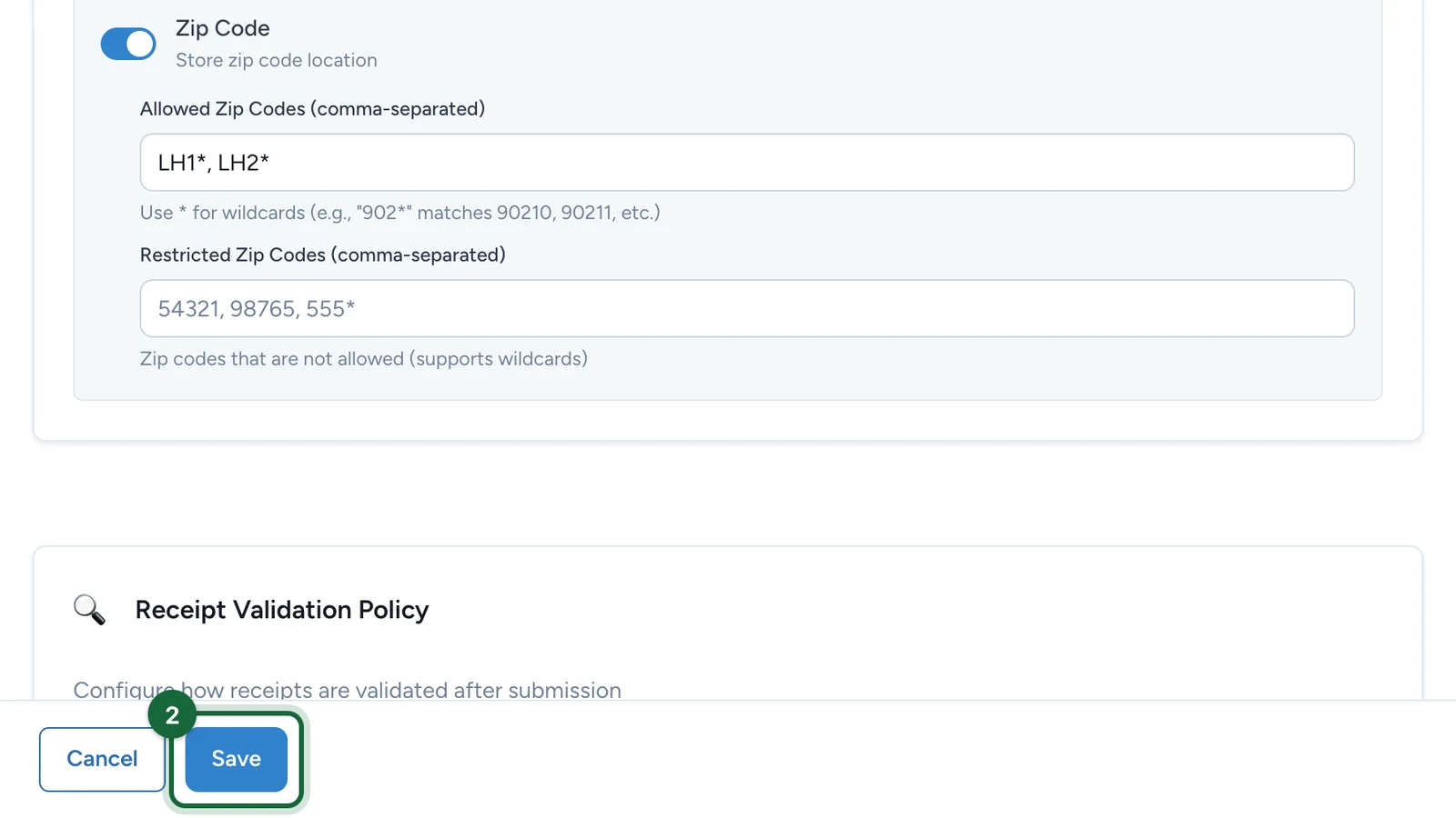 Receipt game editor footer with the Save button highlighted