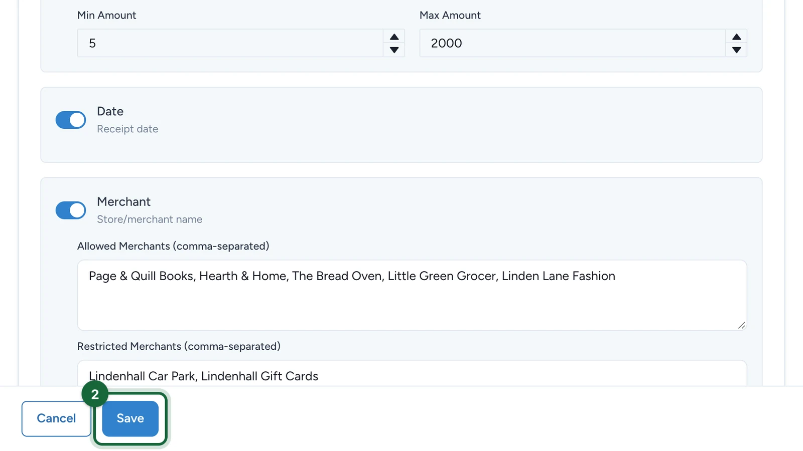 Receipt game editor footer with the Save button highlighted