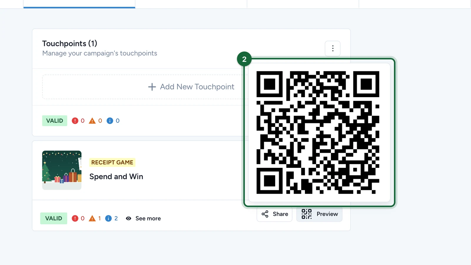 Preview window with the Spend and Win QR code highlighted