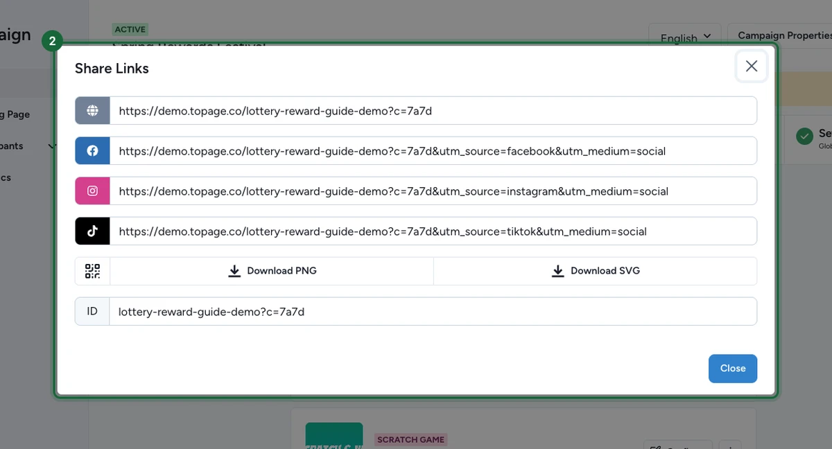 Fenêtre Liens de partage montrant l'URL par défaut, les variantes de lien par canal, les boutons de téléchargement QR et le champ ID