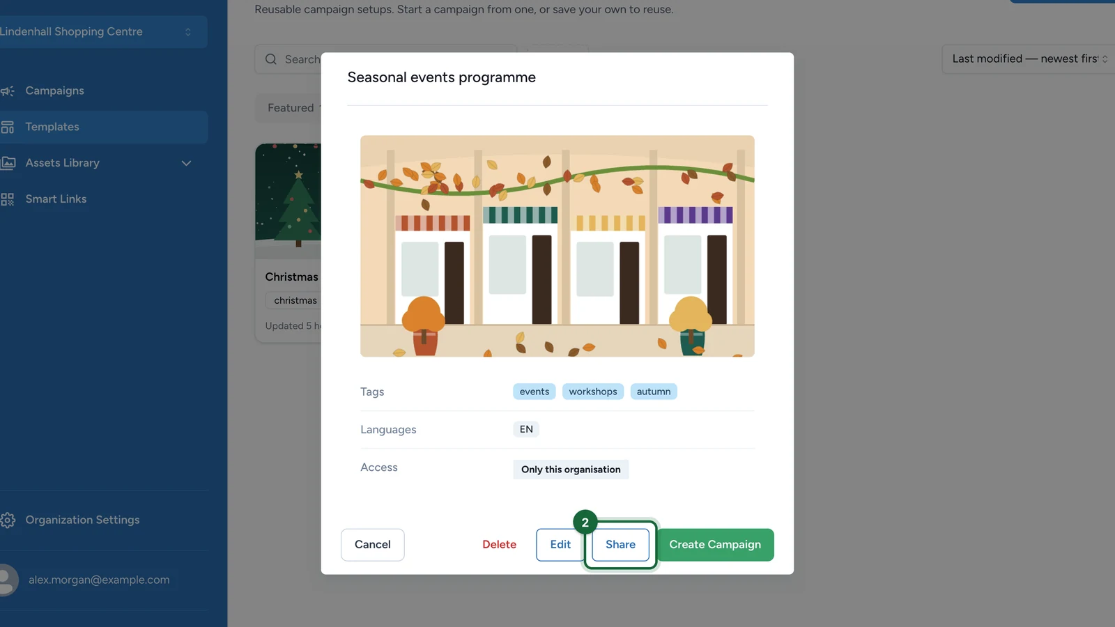 Template details, with Access set to Only this organisation, and the Share button highlighted
