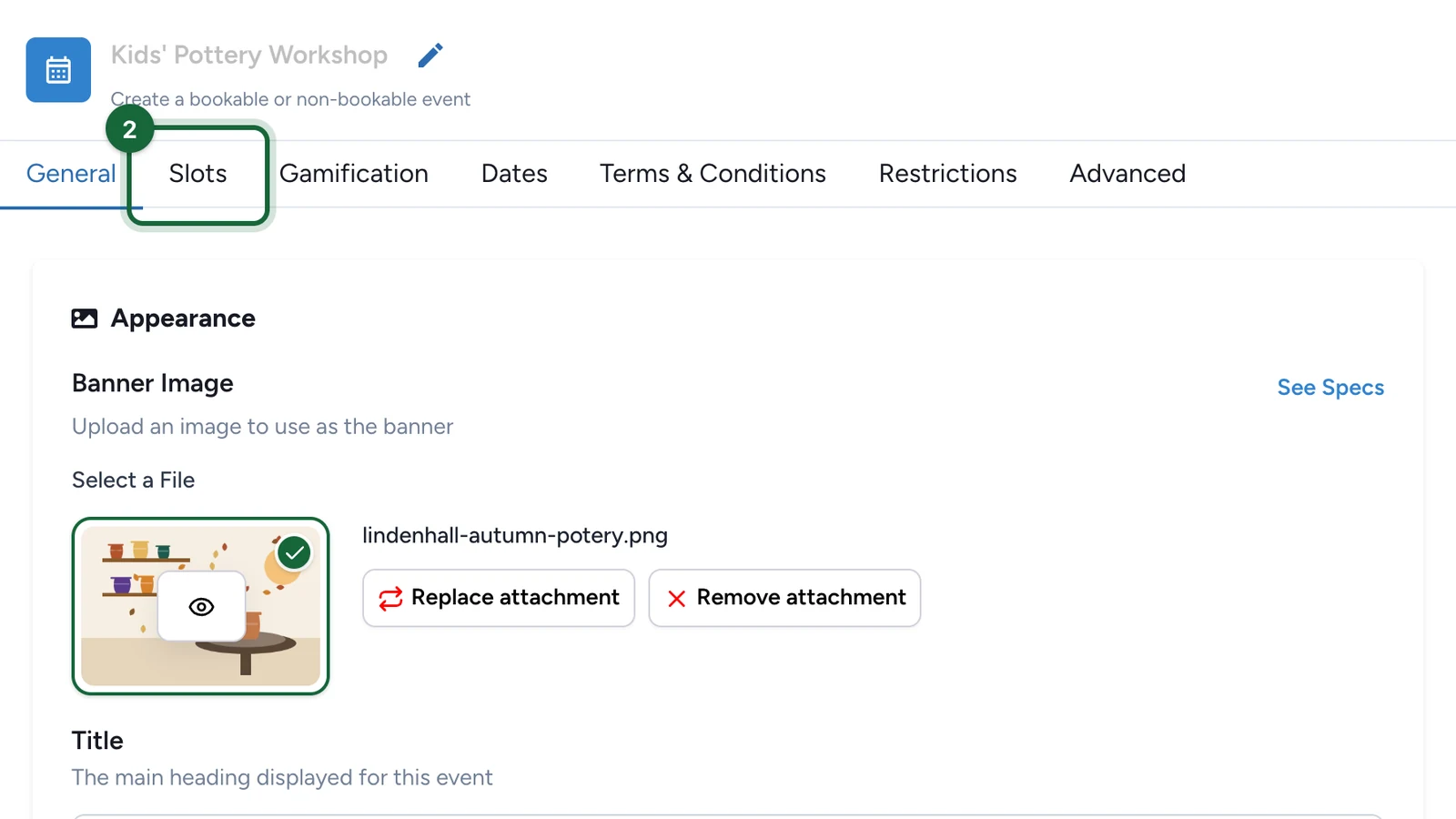 Activity editor with the Slots tab highlighted