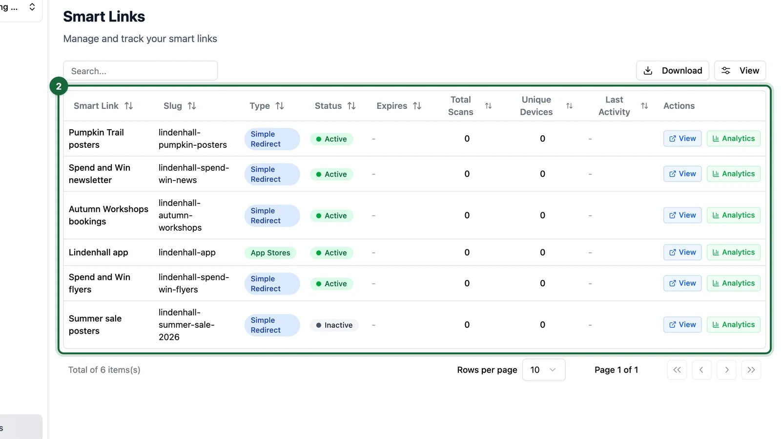 Reports table listing four Lindenhall Smart Links with their type, status and scans, highlighted