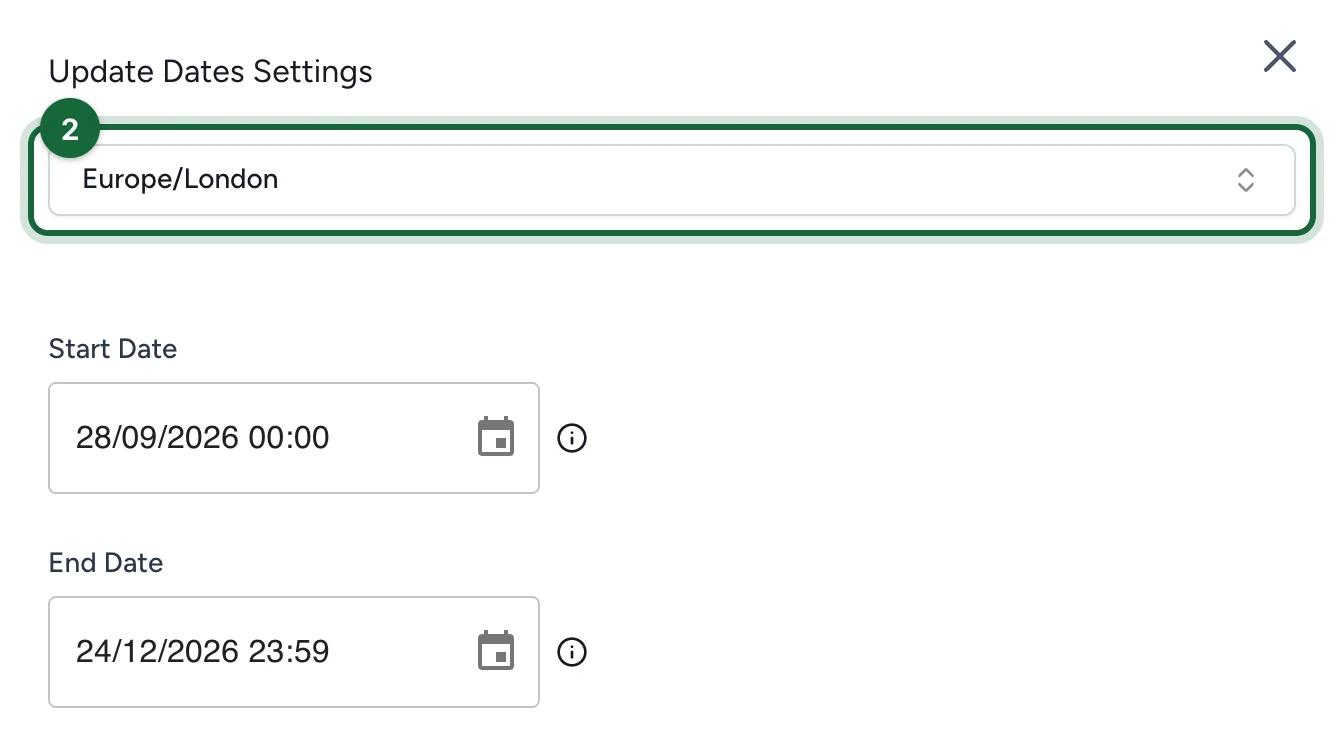 Update Dates Settings with the time zone Europe/London highlighted
