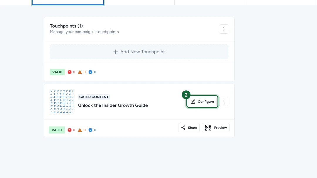 Liste Touchpoints affichant le point de contact Gated Content avec son bouton Configure mis en évidence