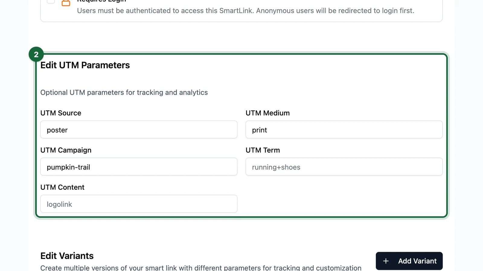 Edit UTM Parameters with UTM Source poster, UTM Medium print and UTM Campaign pumpkin-trail, highlighted