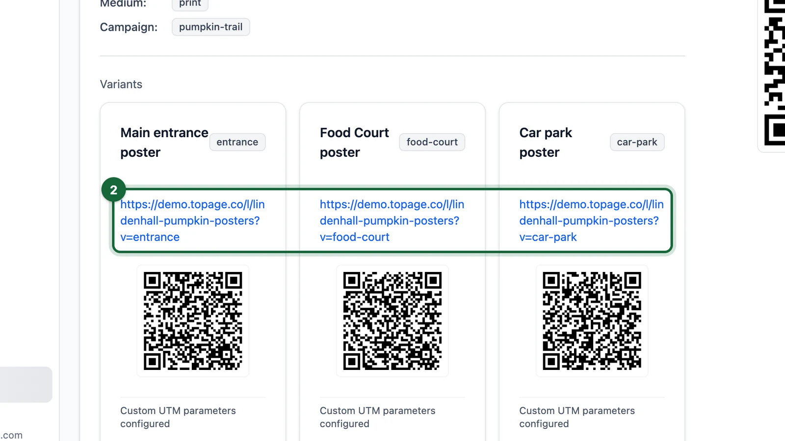Variants on the details page: Main entrance poster, Food Court poster and Car park poster, highlighted