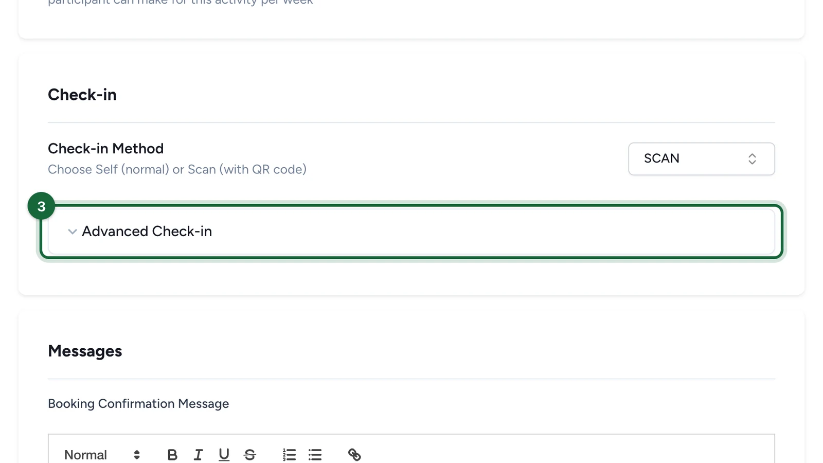 Advanced Check-in panel header highlighted under Check-in Method