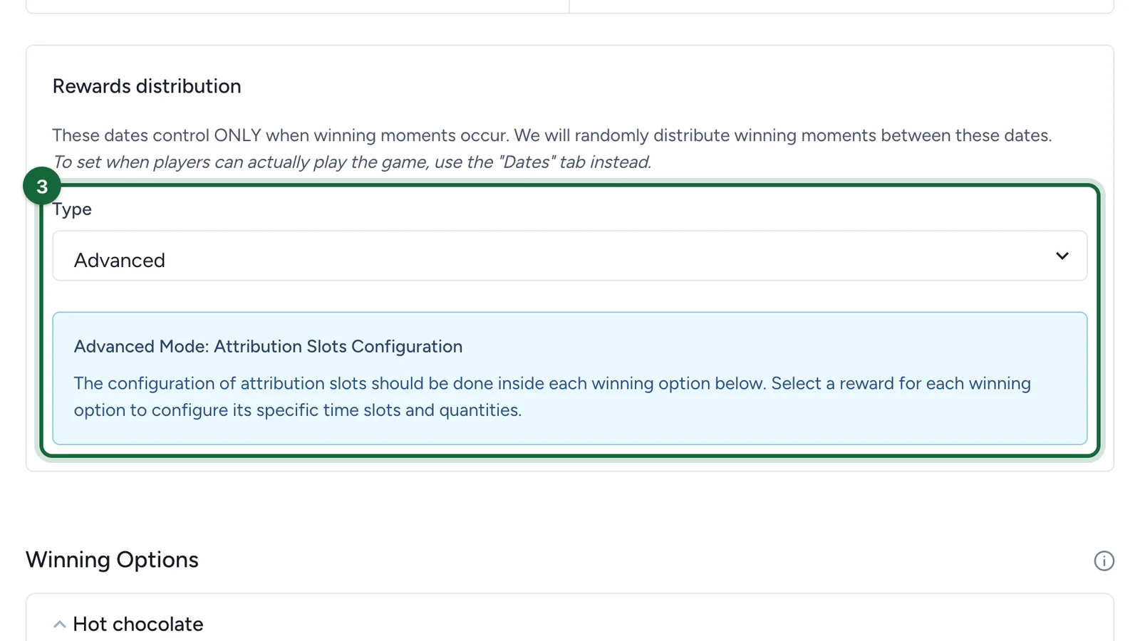 Rewards distribution with Type Advanced and the Advanced Mode note, highlighted