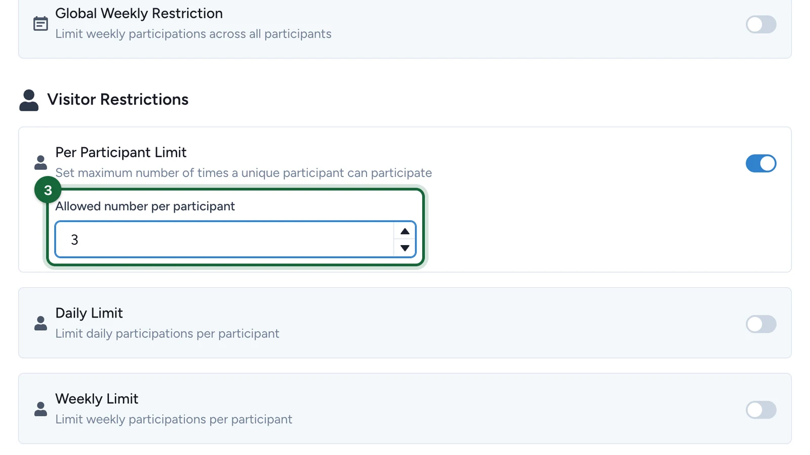Allowed number per participant set to 3, highlighted