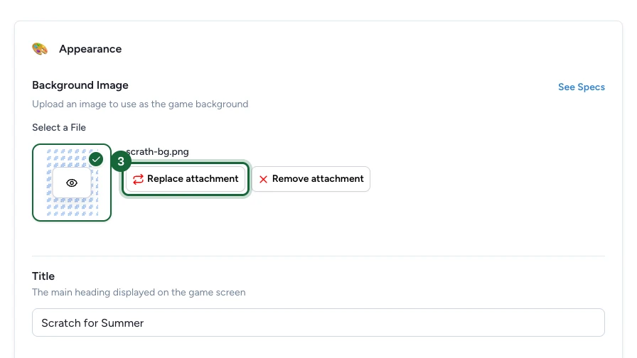 Appearance tab with the Background Image upload zone and a selected file highlighted