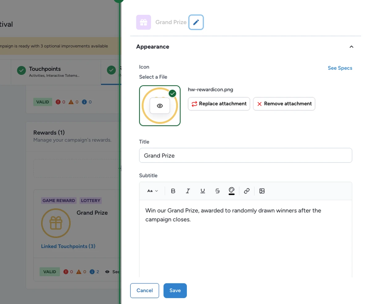 Reward configuration drawer with the Appearance section header highlighted, where the reward icon, Title and Subtitle are set.