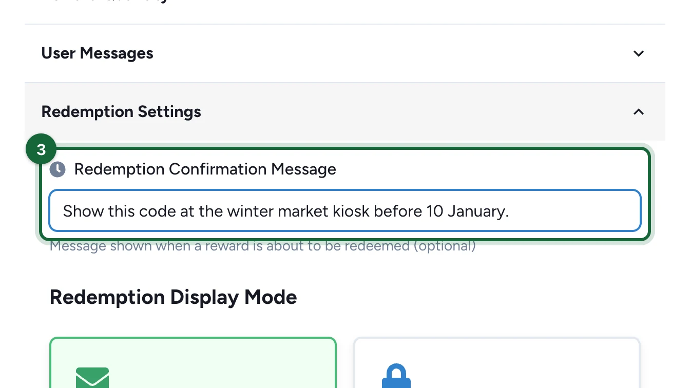 Redemption Confirmation Message filled in, highlighted
