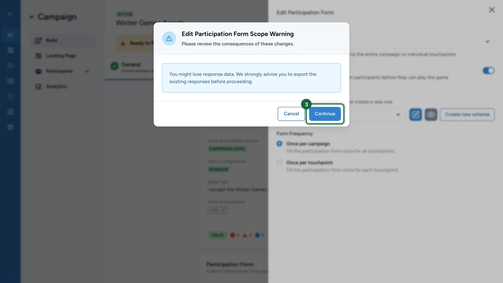 Edit Participation Form Scope Warning with the Continue button highlighted