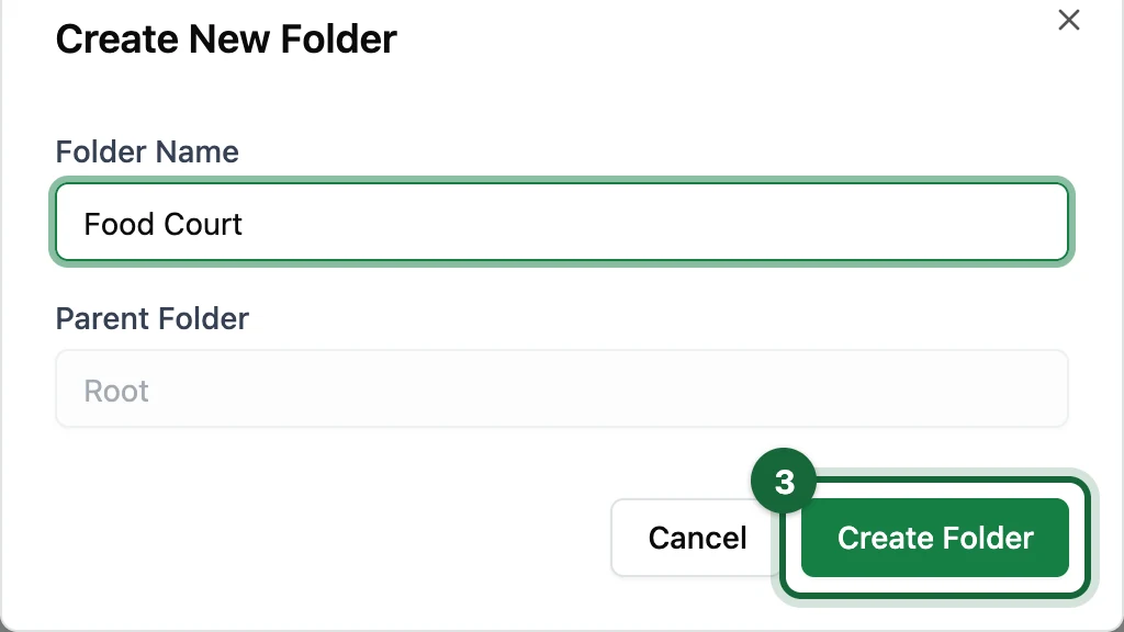 Create New Folder window with the Create Folder button highlighted