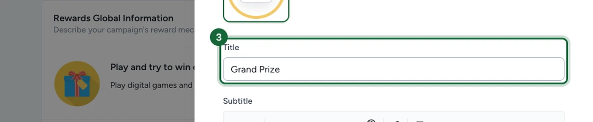 Reward form with the Title field set to Grand Prize