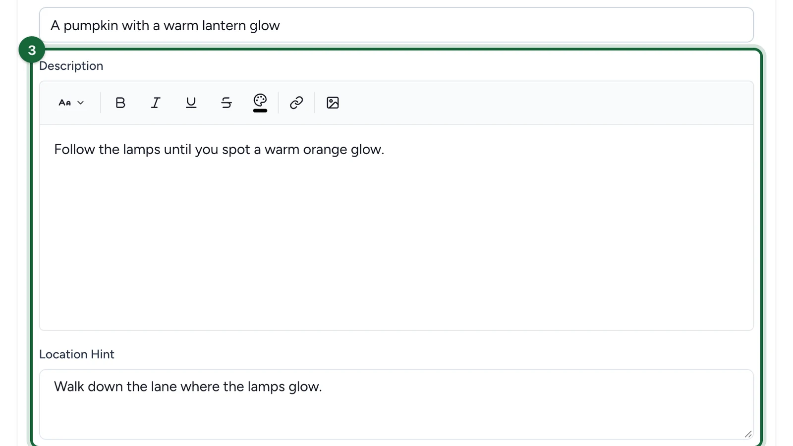 Description and Location Hint of The Lantern Pumpkin, with a clue about the lamps, highlighted