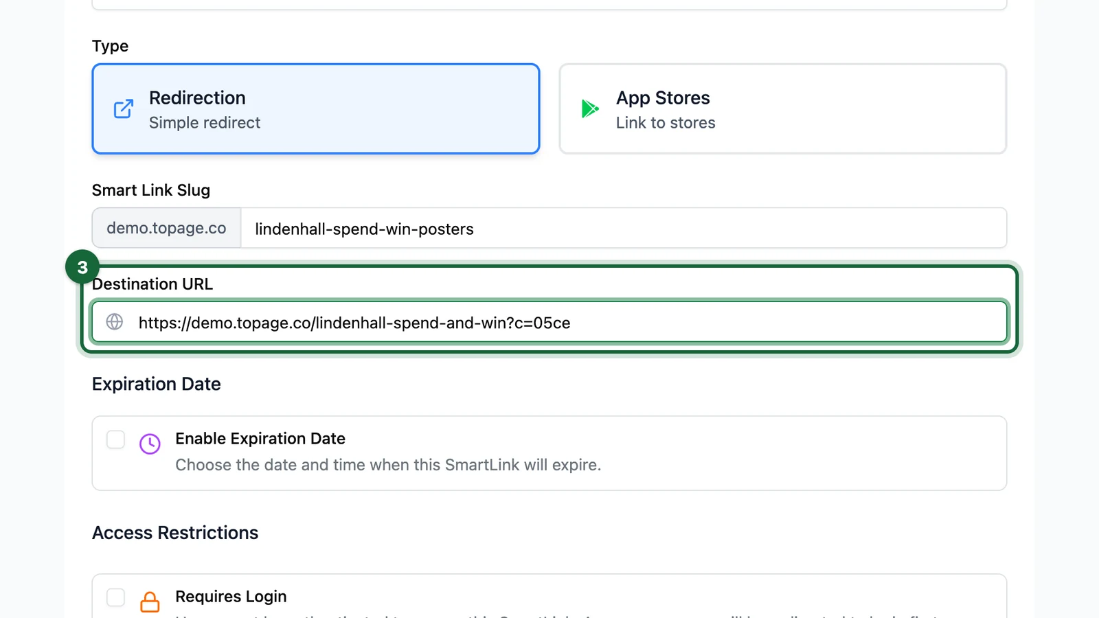 Configure Smart Link with the Destination URL set to the Spend and Win receipt game, highlighted