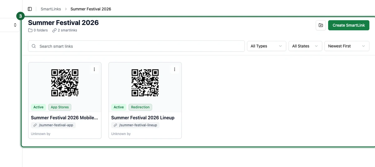 Open folder page listing its Smart Links, each with its type, Active state, and slug