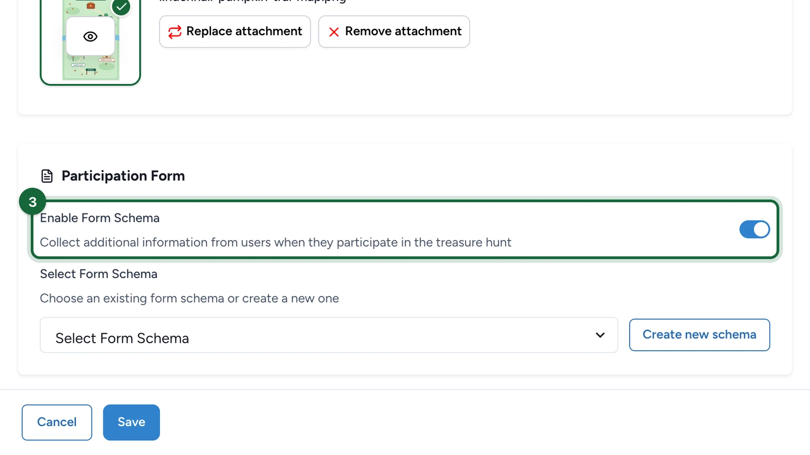 Participation Form section with the Enable Form Schema switch turned on, highlighted