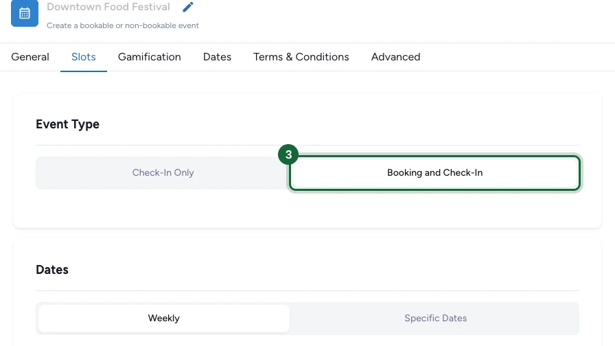 Onglet Slots avec le type Booking and Check-In mis en évidence