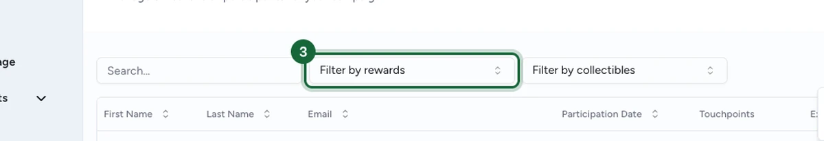 Participants table with the Filter by rewards dropdown highlighted
