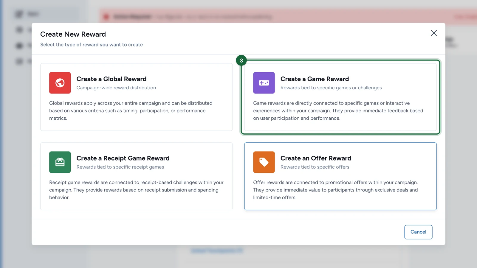 Create New Reward window with Create a Game Reward highlighted