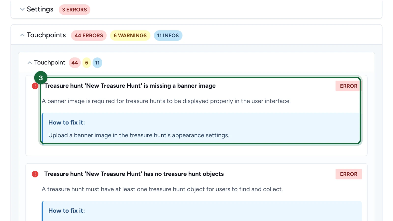 Error saying a treasure hunt is missing a banner image, with its How to fix it line, highlighted