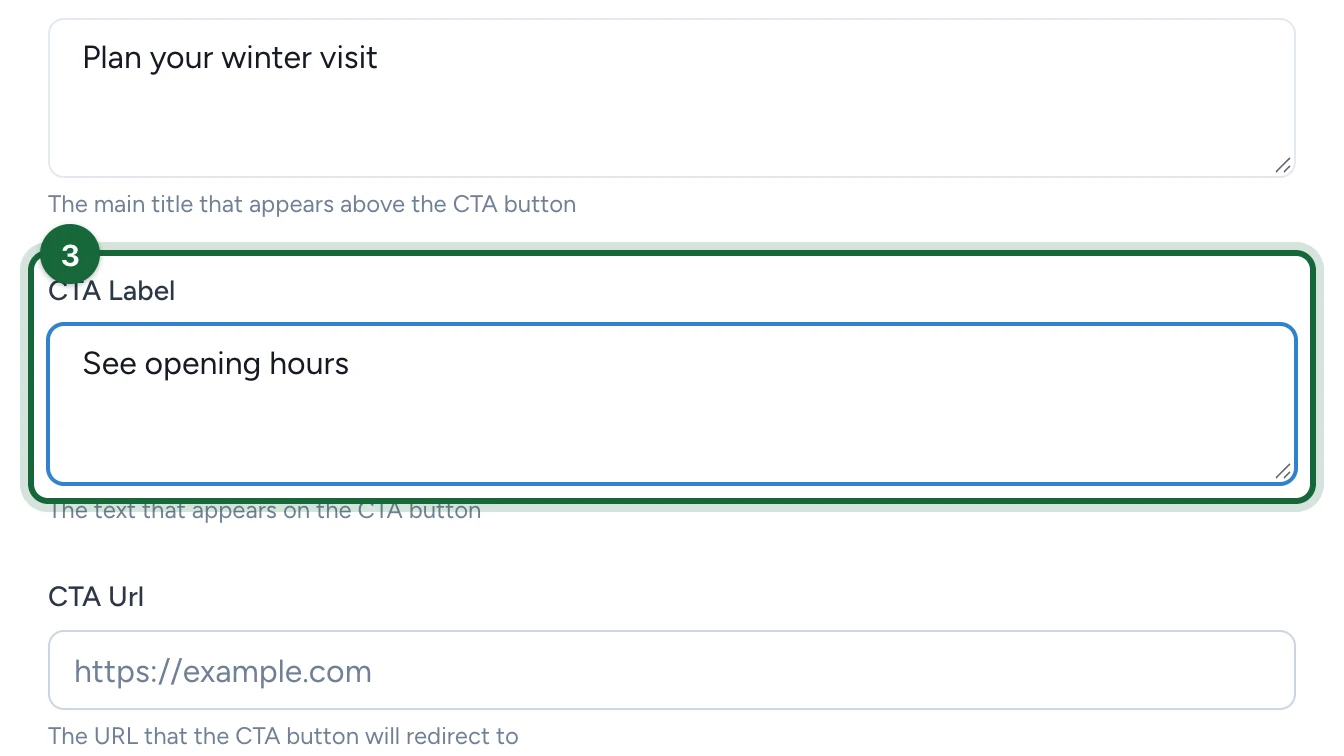 Edit CTA Configuration with the CTA Label See opening hours, highlighted