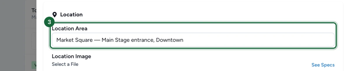 Location section with Location Area filled in and the Location Image field below it
