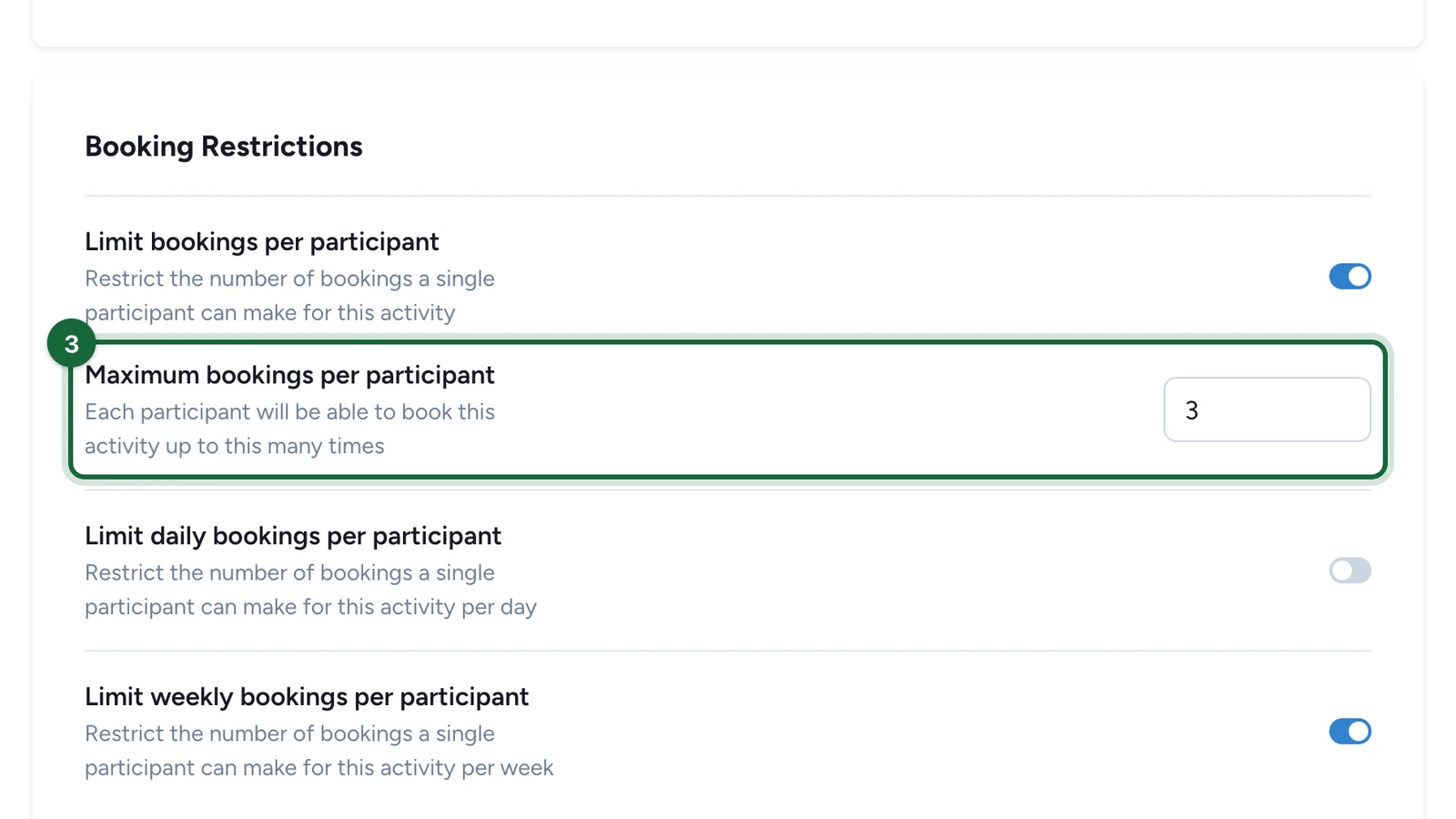 Maximum bookings per participant set to 3, highlighted