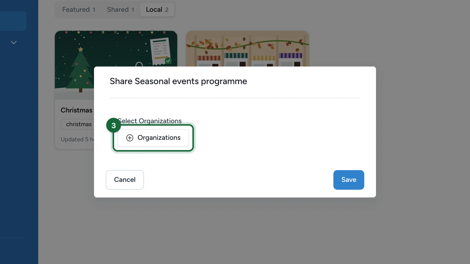 Share window with the Organizations button highlighted