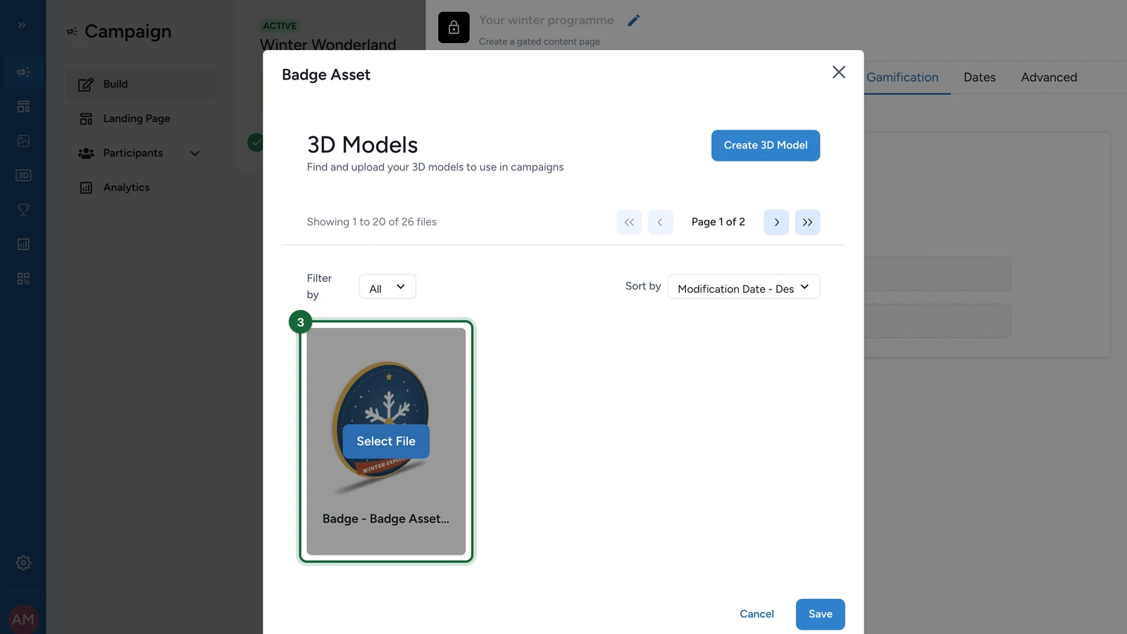 Badge Asset library with the Winter Explorer badge highlighted