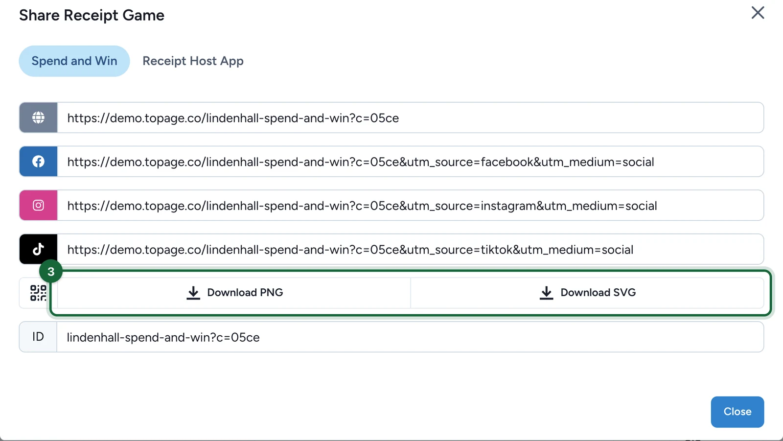 Share Receipt Game window with Download PNG and Download SVG highlighted