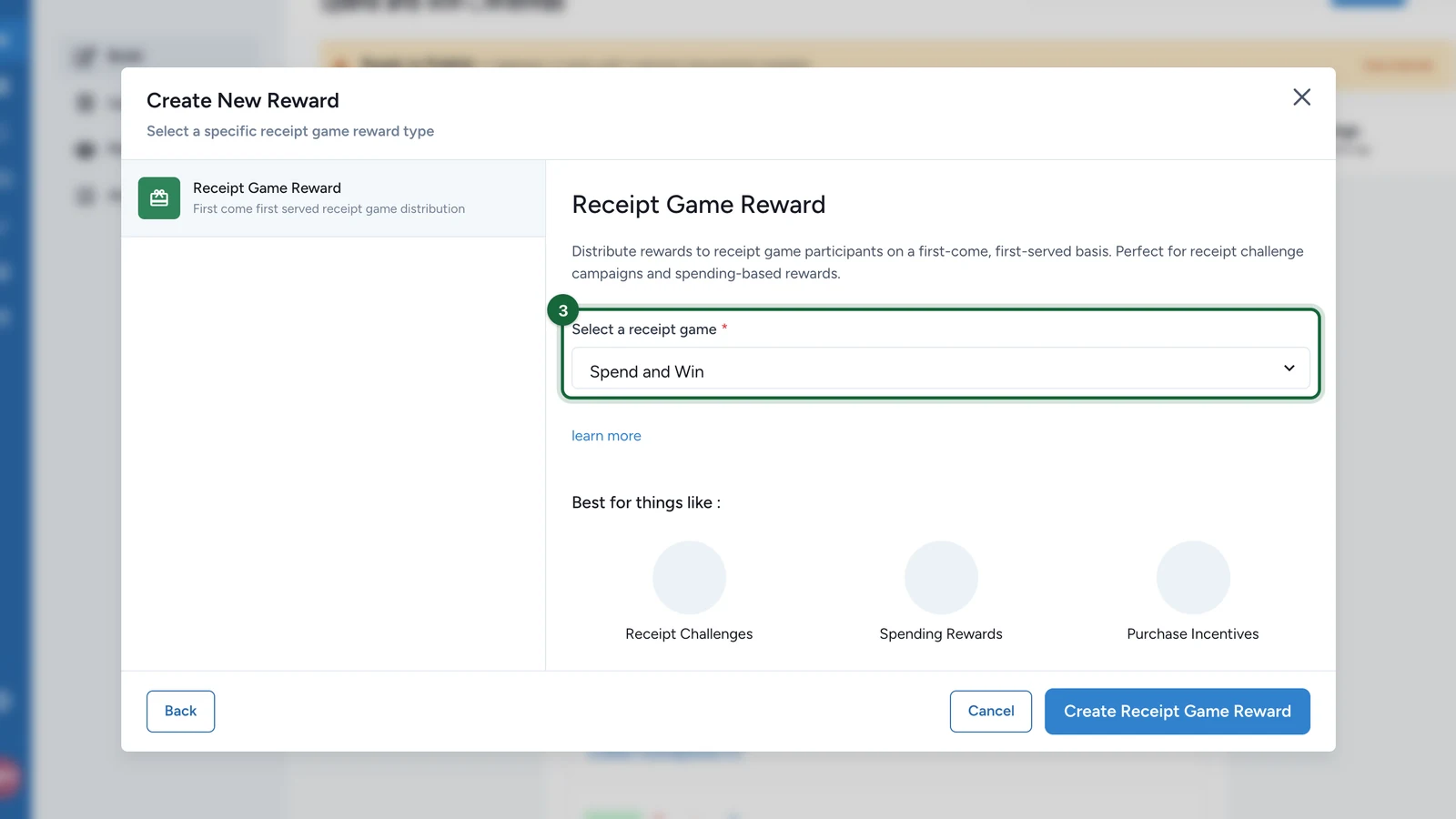 Select a receipt game set to Spend and Win, highlighted