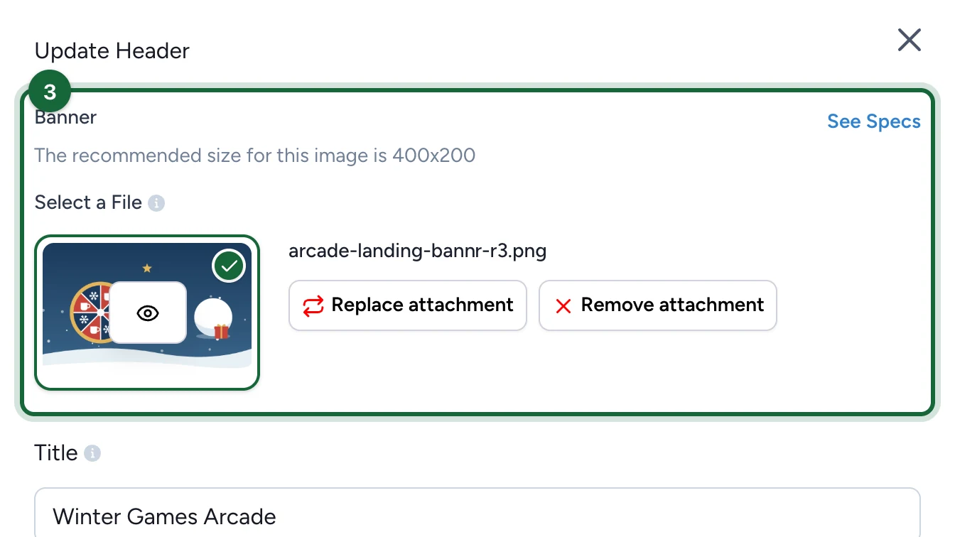 Update Header panel with the Banner and Replace attachment highlighted