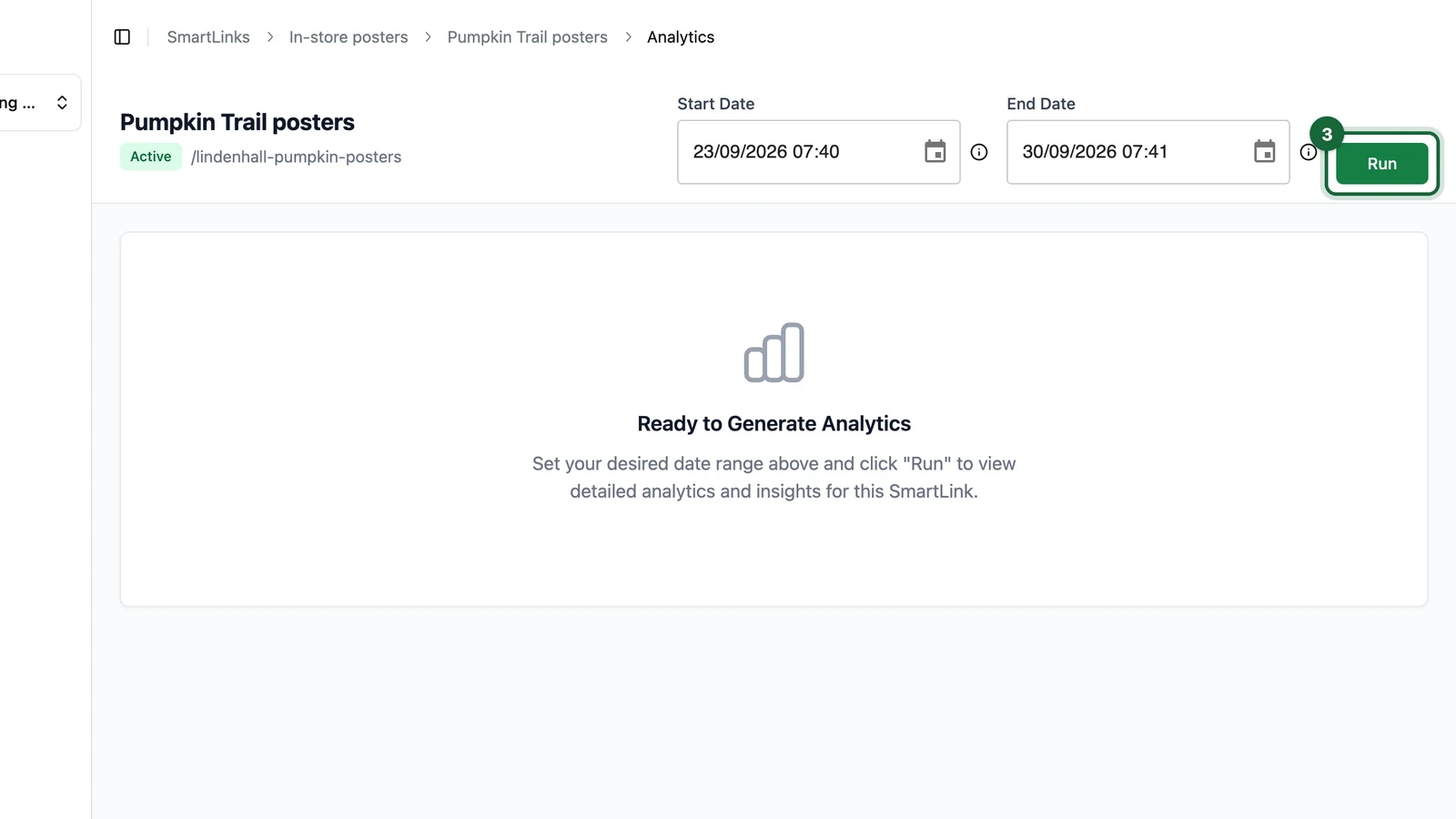 Analytics page with the Run button highlighted