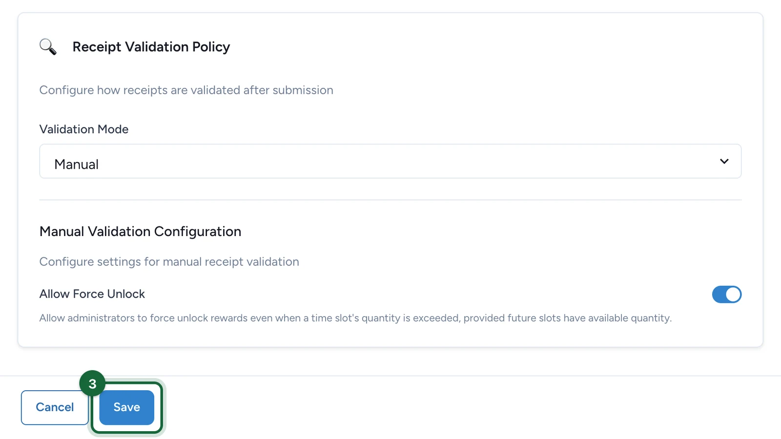 Receipt game editor footer with the Save button highlighted