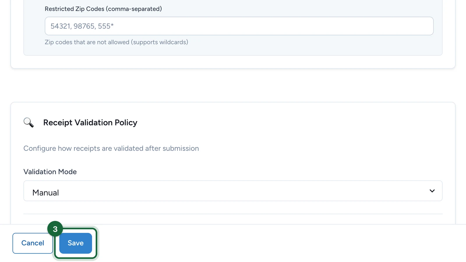 Receipt game editor footer with the Save button highlighted