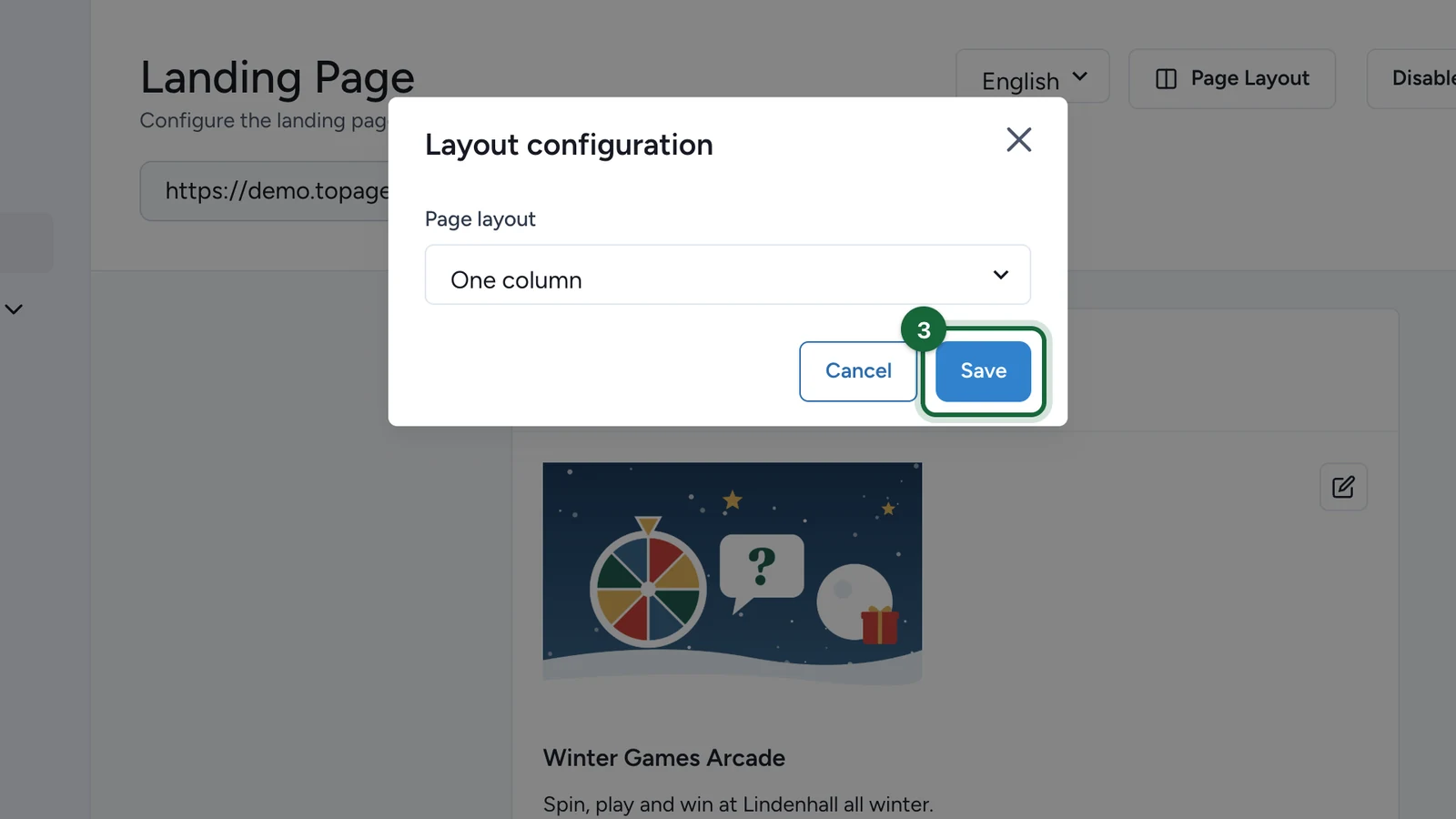 Layout configuration window with the Save button highlighted