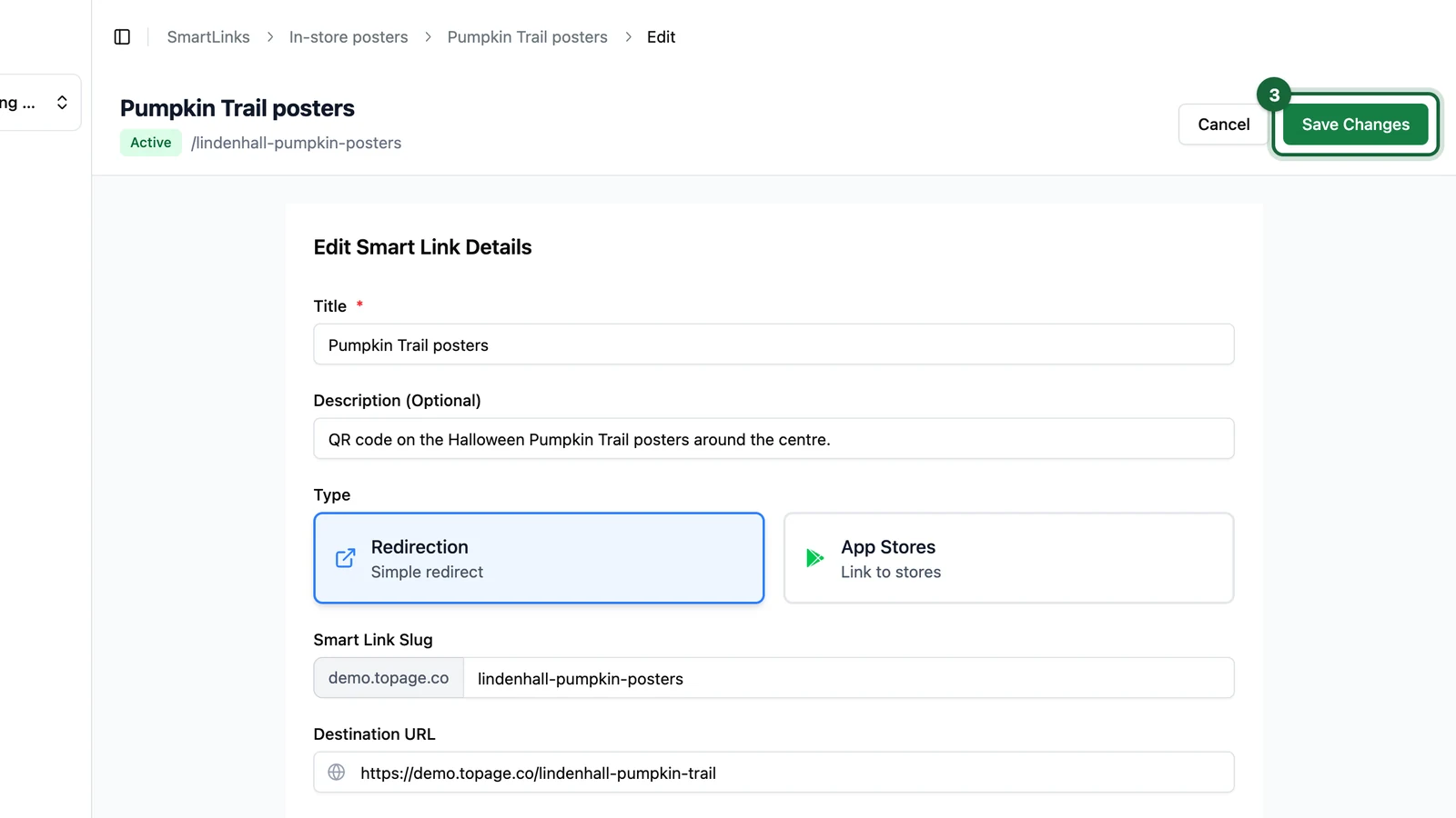 Edit Smart Link page with the Save Changes button highlighted