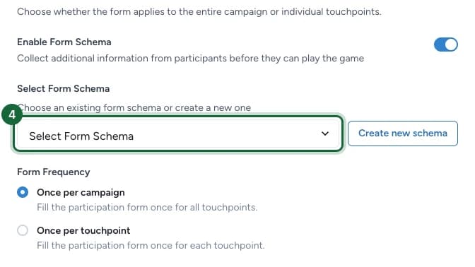 Boîte de dialogue du formulaire de participation avec la liste déroulante Select Form Schema mise en évidence