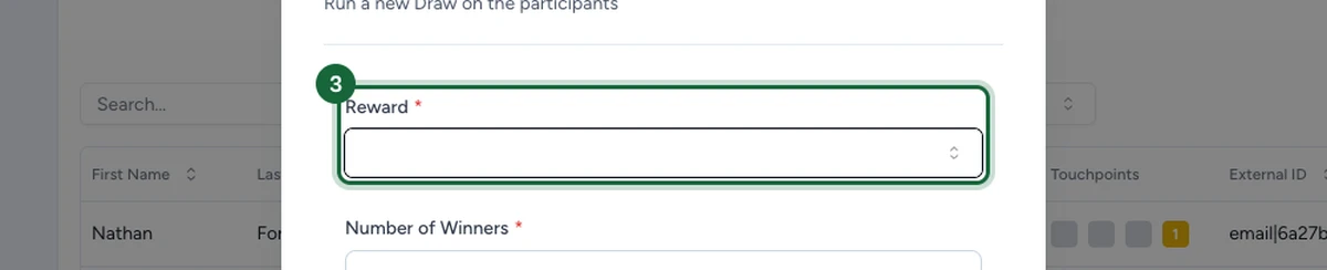 New Draw window with the Reward dropdown field highlighted.