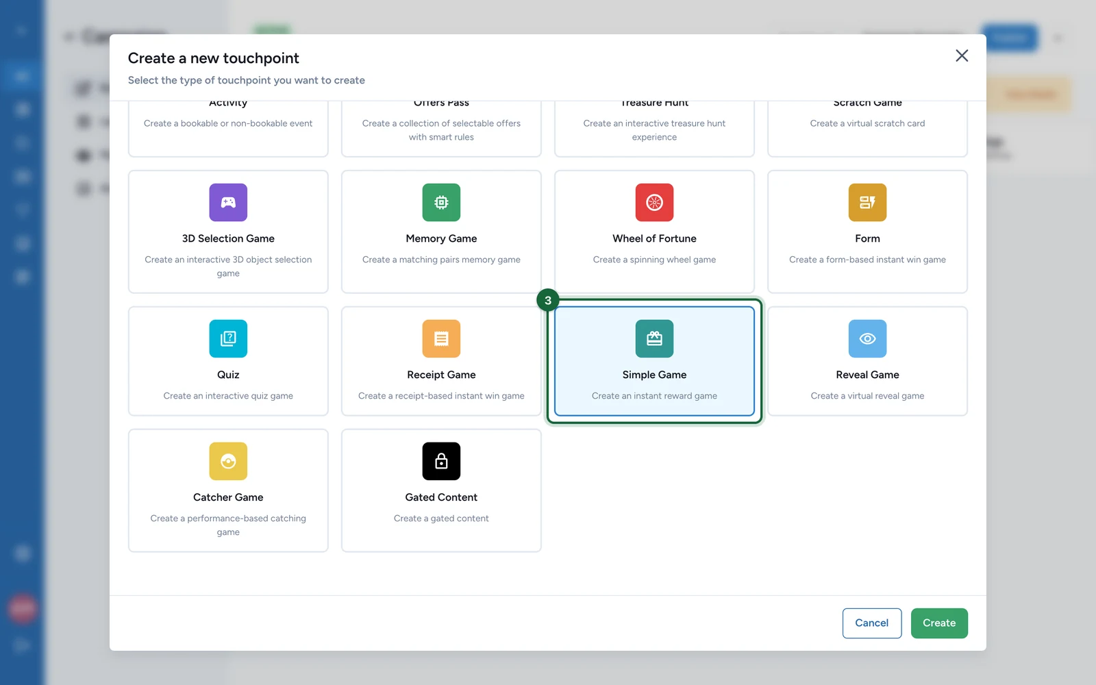 Create a new touchpoint window with the Simple Game tile highlighted