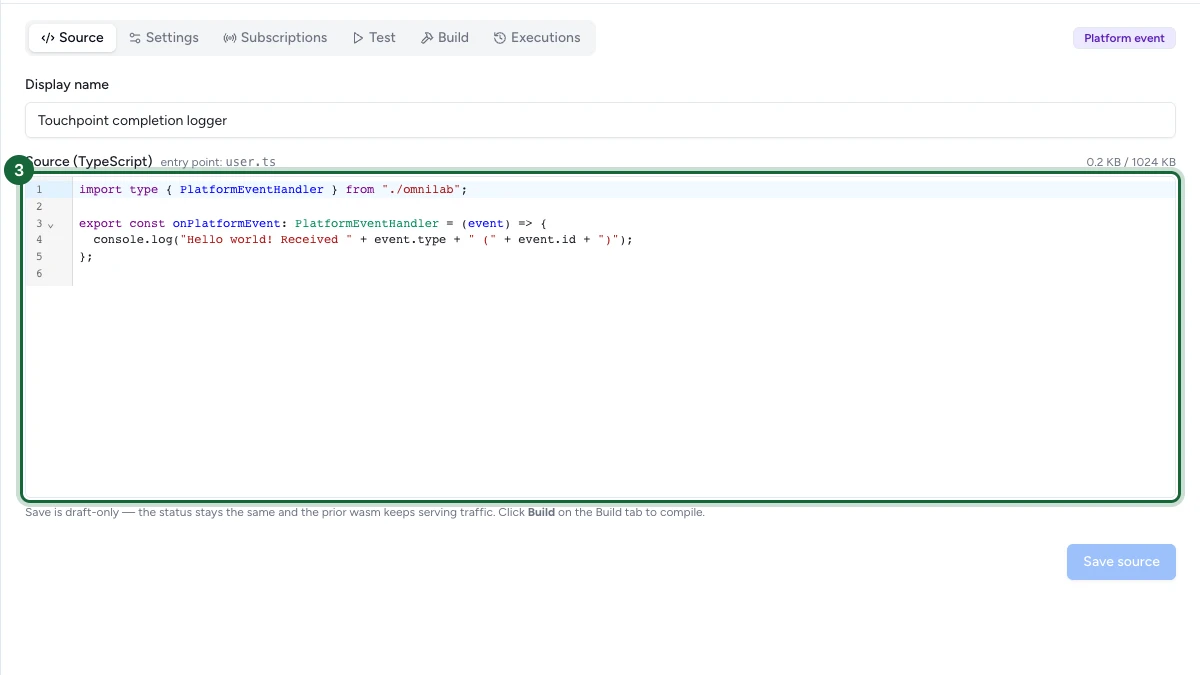 Onglet Source montrant le gestionnaire, le compteur de taille et le bouton Save source